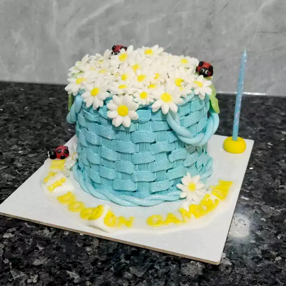 Özel Tasarım Sepet pasta papatya çiçekleri ile süslenmiş üzerinde uğur böcekleri olan şık bir pasta